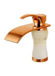 D & N Single Handle Hole Minimalist Bathroom Wash Basin Faucet Sink Mixer Taps with Cover Lead-free Brass Structure Natural White Onyx, Rose Gold