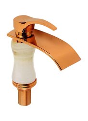 D & N Single Handle Hole Minimalist Bathroom Wash Basin Faucet Sink Mixer Taps with Cover Lead-free Brass Structure Natural White Onyx, Rose Gold