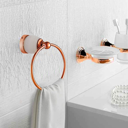 D & N Wall Mount Brushed Brass Bathroom Towel Ring with White Onyx, Rose Gold