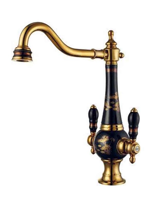 D & N Black Ceramic Gold Coated Brass Double Handle Basin Mixer, 39cm, Multicolour