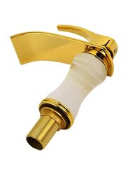 D & N Brass Polished Single Handle Single Hole Minimalist Bathroom Wash Basin Faucet Sink Mixer Taps, 17cm, White/Gold