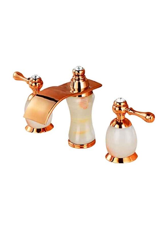 D & N 6.5-Inch Double Handle Three-hole Bathtub Crystal Top Coated Brass Sink Luxury Basin Faucet Set with White Onyx, Rose Gold