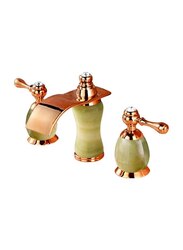 D & N 6.5-Inch Double Handle Three-hole Bathtub Crystal Top Coated Brass Sink Luxury Basin Faucet Set with Green Onyx, Rose Gold