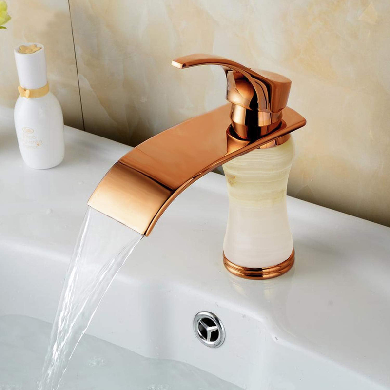 D & N Single Handle Hole Minimalist Bathroom Wash Basin Faucet Sink Mixer Taps with Cover Lead-free Brass Structure Natural White Onyx, Rose Gold