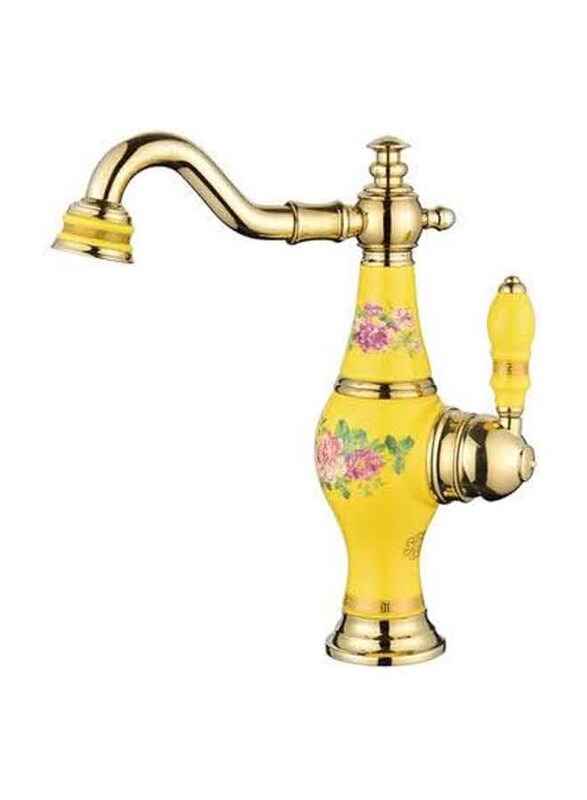 D & N Basin Mixer Yellow Ceramic Gold Coated Brass, 27cm, Yellow