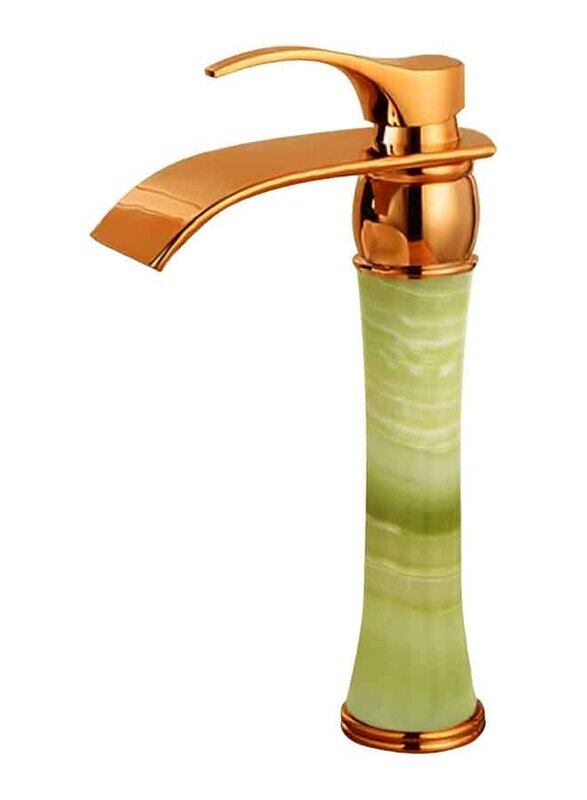 

D & N Single Handle Hole Minimalist Bathroom Wash Basin Faucet Sink Mixer Taps with Cover Lead-free Brass Structure Natural Green Onyx, Rose Gold