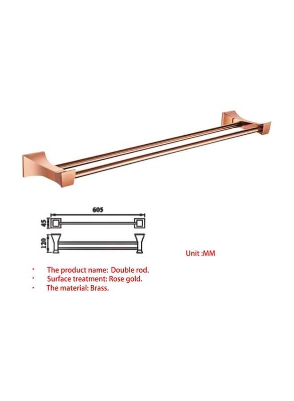 D & N Brass Wall Mounted Quadrangular Double Rod Towel Rack, Rose Gold