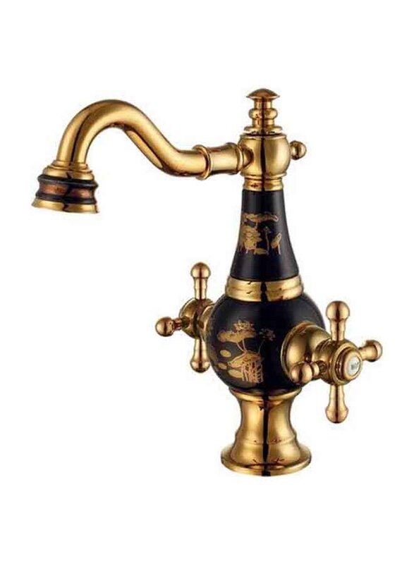 D & N Black Ceramic Gold Coated Brass Basin Mixer, 27cm, Multicolour