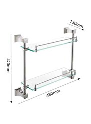 D & N Modern Style Bathroom Glass Shelf Rack Double Layer Shower Organizer Tempered Glass Storage, Chrome