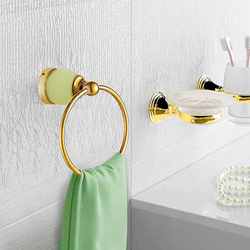 D & N Wall Mount Brushed Brass Bathroom Towel Ring with Green Onyx, Gold