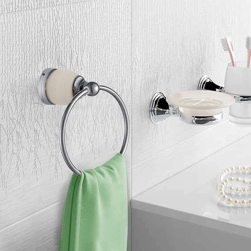 D & N Wall Mount Brushed Brass Bathroom Towel Ring with White Onyx, Chrome