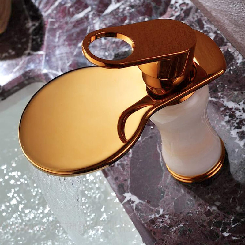 D & N Single Handle Hole Minimalist Bathroom Wash Basin Faucet with Cover Lead-free Brass Structure White Onyx, Rose Gold