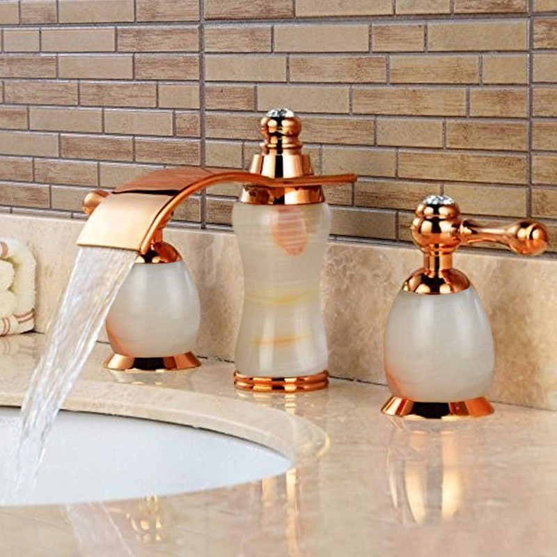 D & N 6.5-Inch Double Handle Three-hole Bathtub Crystal Top Coated Brass Sink Luxury Basin Faucet Set with White Onyx, Rose Gold