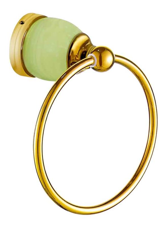 D & N Wall Mount Brushed Brass Bathroom Towel Ring with Green Onyx, Gold