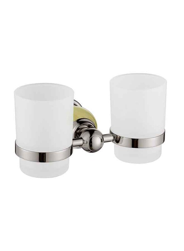 D & N Brass Glass Right Angle Double Toothbrush Holder with White Onyx, Chrome