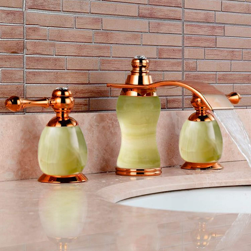 D & N 6.5-Inch Double Handle Three-hole Bathtub Crystal Top Coated Brass Sink Luxury Basin Faucet Set with Green Onyx, Rose Gold