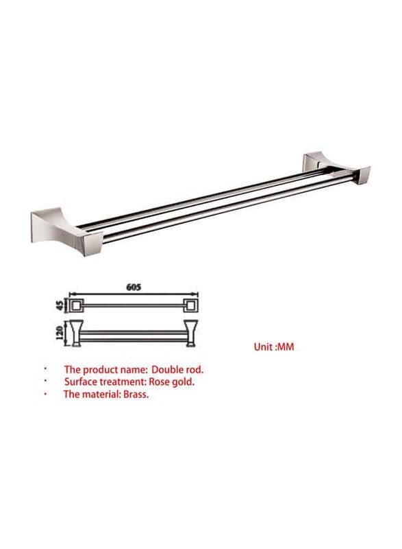 D & N Wall Mounted Quadrangular Double Rod Towel Rack Rose Gold Brass Towel Shelf Rails Rod Bar, Chrome