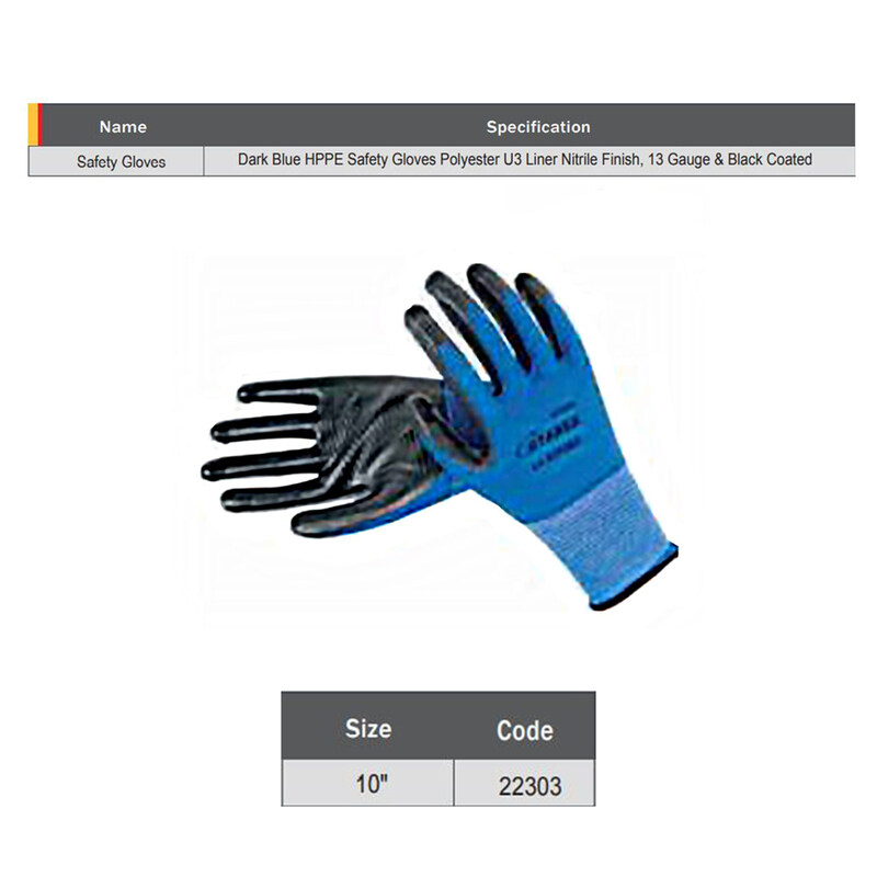 

Starex Safety Gloves 10" 13G Dark Blue Polyester U3 Liner Nitrile Black Coated ST22303