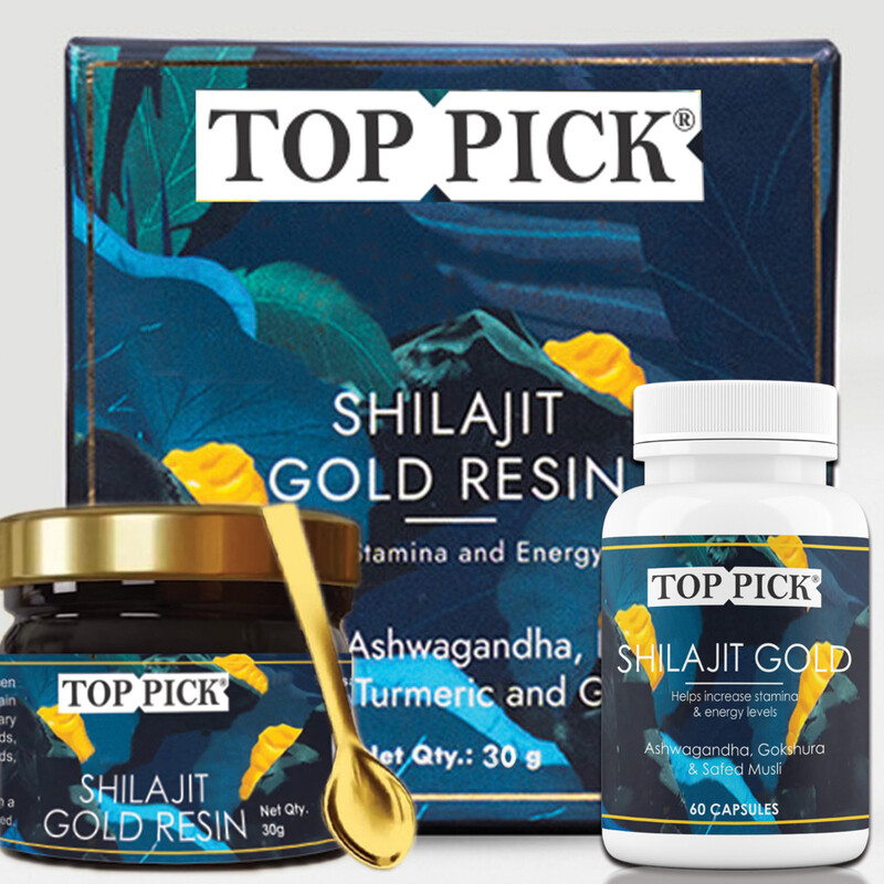 

Top Pick Shilajit Gold Resin 30g & 60 Capsules -Boosting Stamina - Contains 24 Carat Gold - 100% Ayurvedic