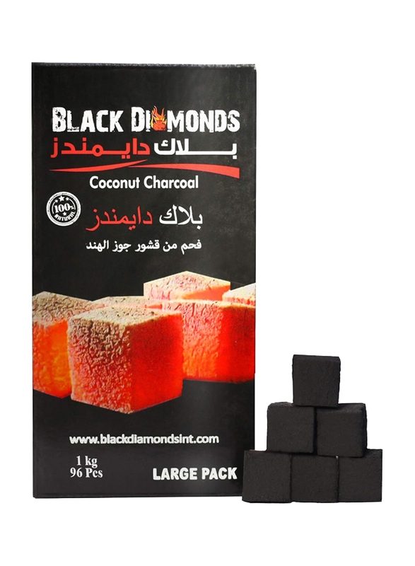 Black Diamonds Premium Quality Coconut Shell Charcoal Cubes for Shisha and Bakhour Set, 96 Pieces, 1Kg, Black