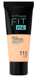 Maybelline New York Liquid Foundation, Matte & Poreless, Full Coverage and Blendable, Normal to Oily Skin, Fit Me, 115 Ivory