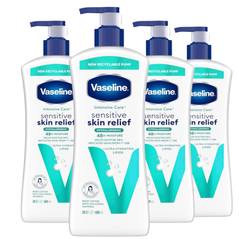 

Vaseline Intensive Care Body Lotion 4 Pack Sensitive Skin Relief For Dry Skin With Colloidal Oatmeal and Ultra-Hydrating Lipids 20.3 oz/600ml