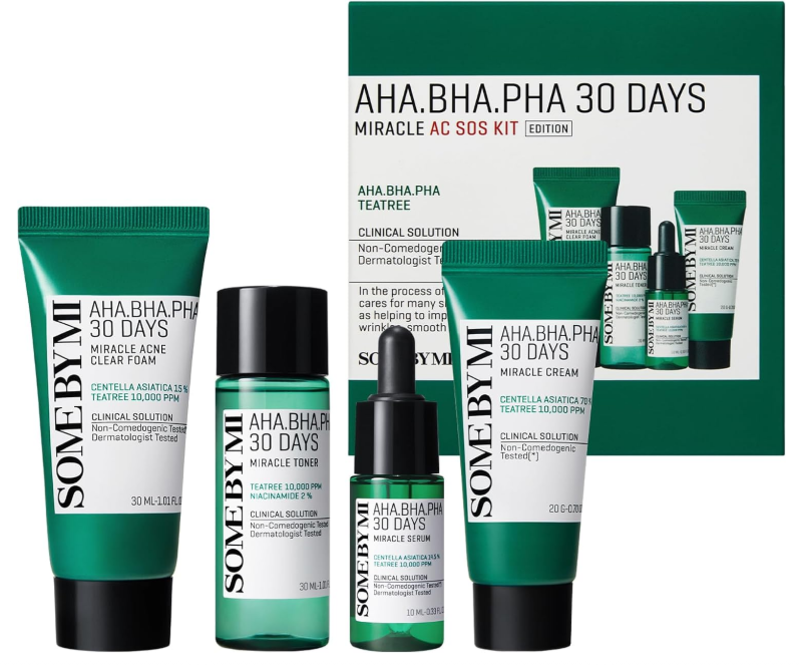 

Some By Mi AHA BHA PHA 30Days Miracle AC SOS Kit, Includes Toner 1.01Oz + Serum 0.33Oz + Cream 0.7Oz + Foam 1.01Oz, Mild Exfoliating Daily Skin Care S