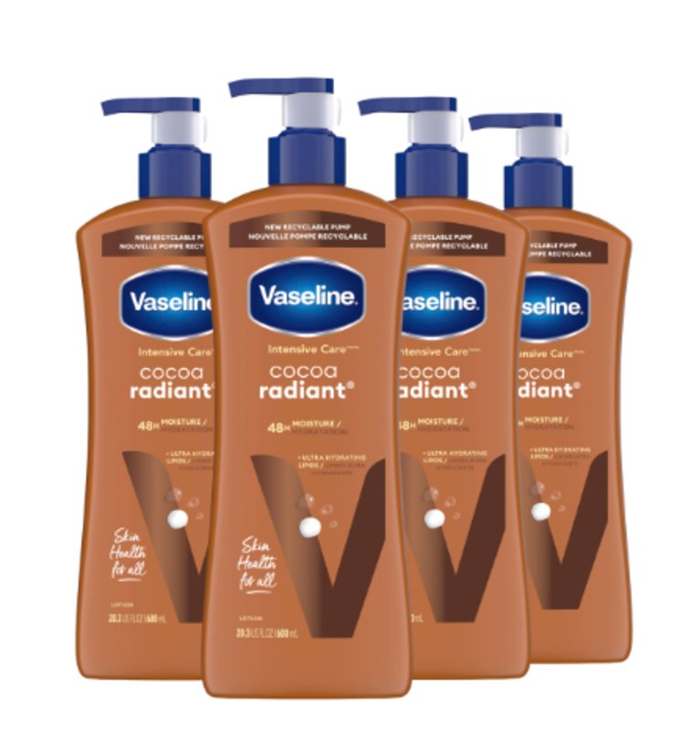 

Vaseline Intensive Care Body Lotion Cocoa Radiant 4 Count for Dry Skin Lotion Made with Ultra-Hydrating Lipids and Pure Cocoa Butter for a Long-Lastin
