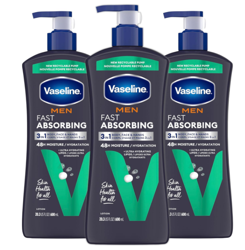 

Vaseline Men's Healing Moisture Hand & Body Lotion For Dry or Cracked Skin Fast Absorbing Non-Greasy Lotion for Men 20.3 oz/600ml, Pack of 3