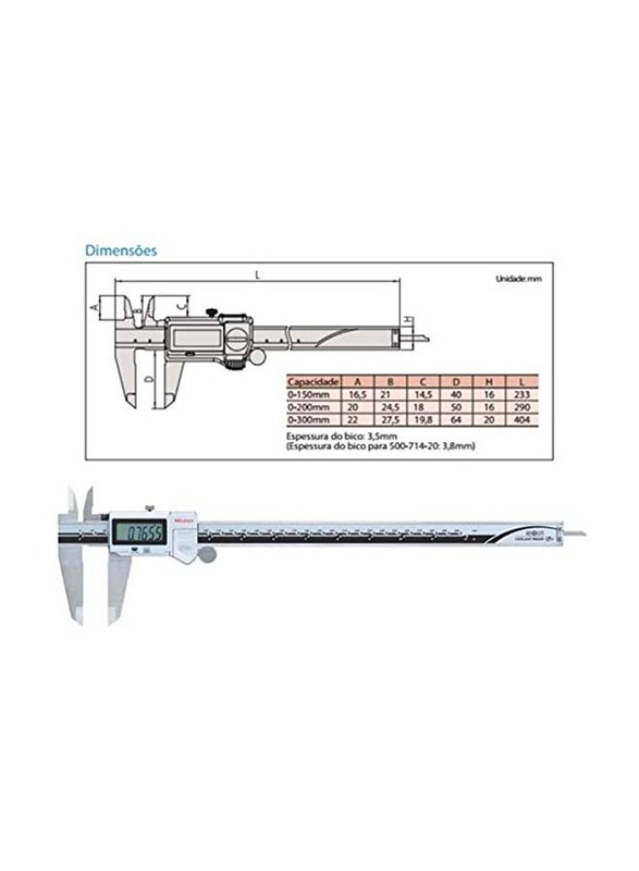 Mitutoyo Digital Callipers, Battery Powered, Inch/Metric, for Inside, Outside, Depth and Step Measurements, Stainless Steel, 0"/0mm-12"/300mm Range, 500-754-20, Multicolour