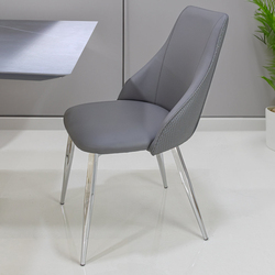 Vanity Living Modern PU Leather Seat Dining Chair with Shiny Metal Legs for Kitchen & Dining Room, Grey/Silver