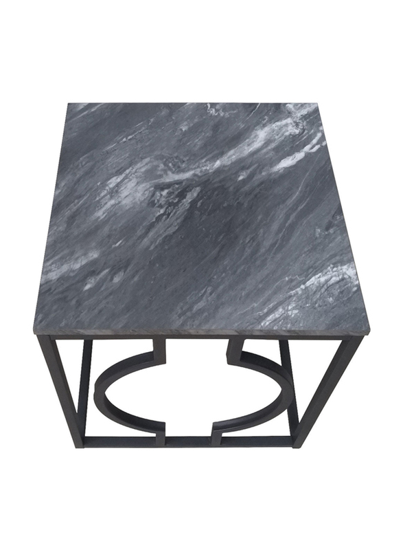 Vanity Living Side Table with Wooden Top Marble Textured End Design with Metal Base, Black