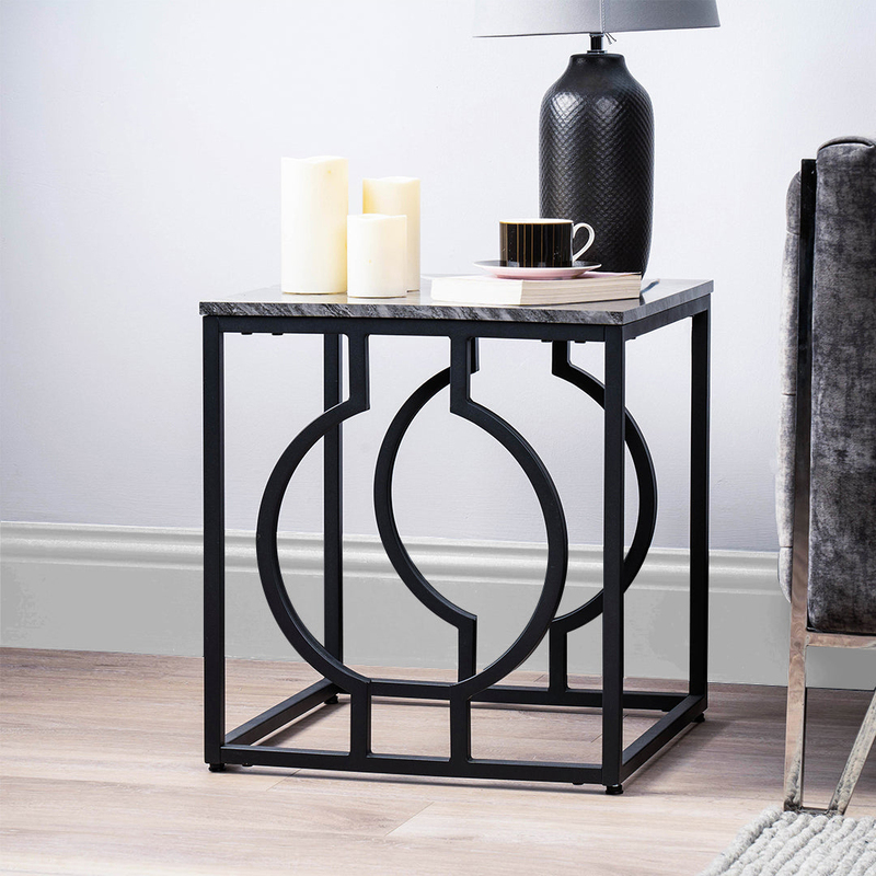 Vanity Living Side Table with Wooden Top Marble Textured End Design with Metal Base, Black