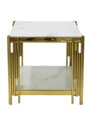 Vanity Living Side Table Artificial White Marble Glass Top End Table Sofa Table With Stainless Steel Base, Gold