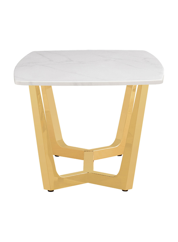 Vanity Living Capella Artificial White Marble Stone Top End with Gold Stainless Steel Base Side Table, Gold/White