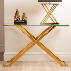 Vanity Living Nerano Stainless Steel Frame and Tempered Glass Top Console Table, 120cm, Gold