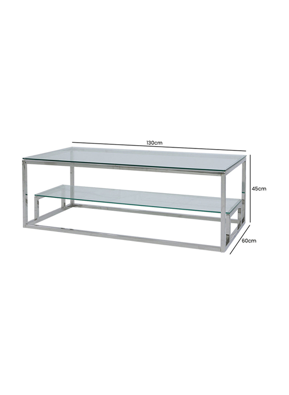 Vanity Living Coffee Table with 2-Tier Modern Tempered Glass Tabletop and Lazzaro Sturdy Stainless Steel Frame, Chrome