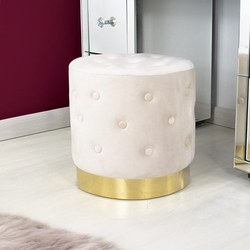 Vanity Living Modern Round Velvet Fabric Accent Vanity Ottoman with Stainless Steel Base for Living Room Furniture, Cream/Gold