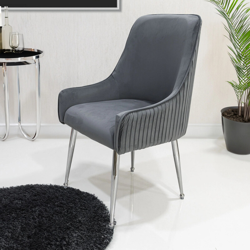 

Vanity Living Dining Armchair With Soft Velvet Seat and Chrome Metal Legs, Grey