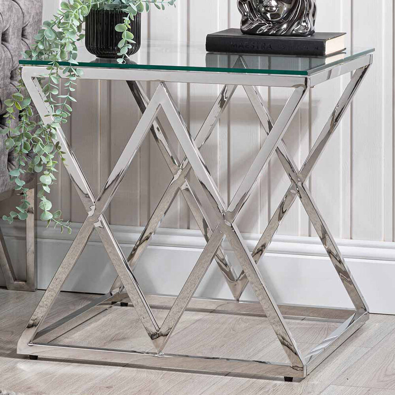 

Vanity Living Porto Tempered Glass Tabletop with Modern Sturdy Stainless Steel Frame Accent Side Table, Chrome