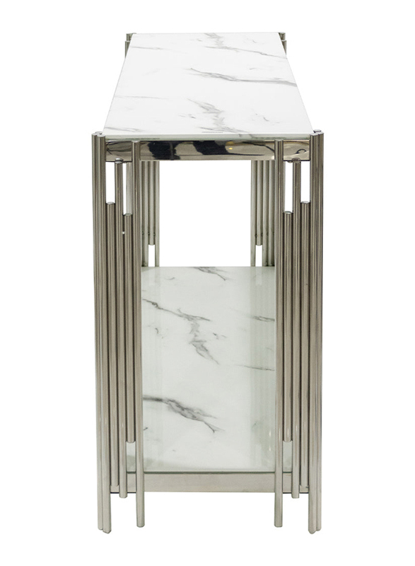 Vanity Living Console Table With Chrome Stainless Steel Base And Artificial White Marble Glass Top, White