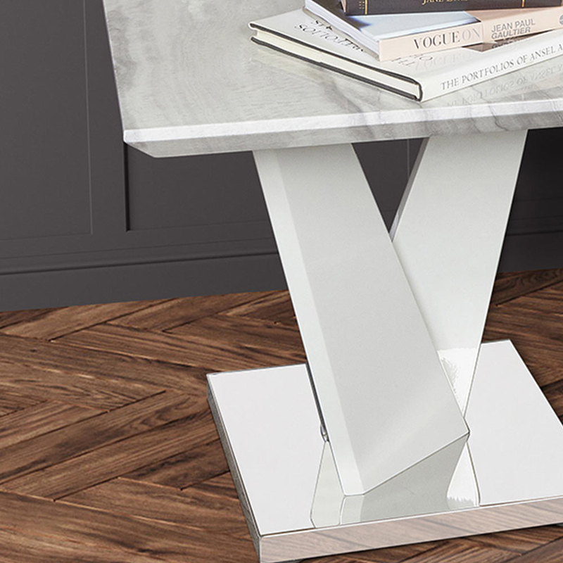 Vanity Living Wood Side Marble Finish End Table for Living Room Furniture, 55cm, White