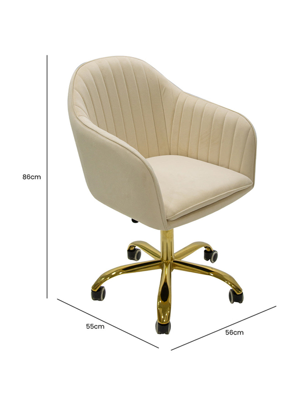 Vanity Living Velvet Height Adjustable Swivel Office Chair with Armrests and Back Support for Office Furniture, Cream/Gold