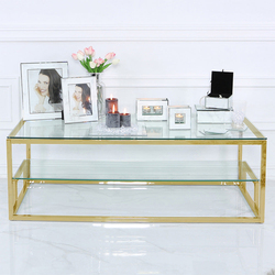 Vanity Living Coffee Table with 2-Tier Modern Tempered Glass Tabletop and Lazzaro Sturdy Stainless Steel Frame, Gold