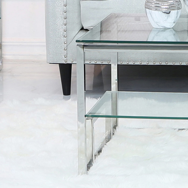 Vanity Living Coffee Table with 2-Tier Modern Tempered Glass Tabletop and Lazzaro Sturdy Stainless Steel Frame, Chrome