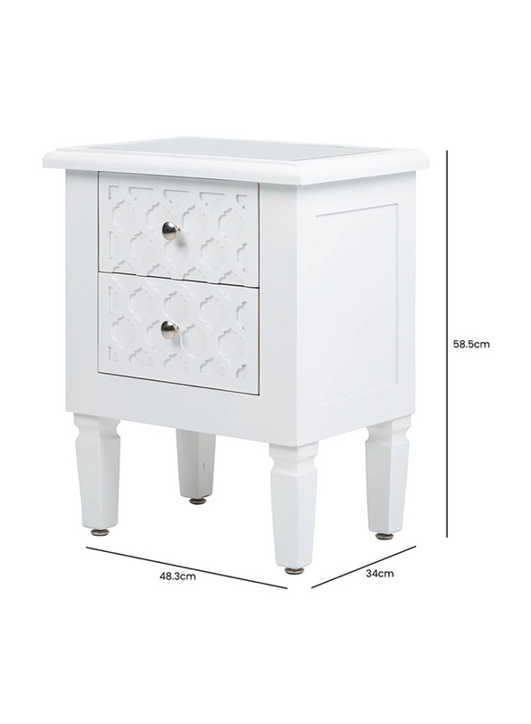 Vanity Living 2 Drawers Modern Marrakech Wood Mirrored Top Nightstand Bed Cabinet, Storage Sofa Side Bedside Table for Living & Bedroom, White