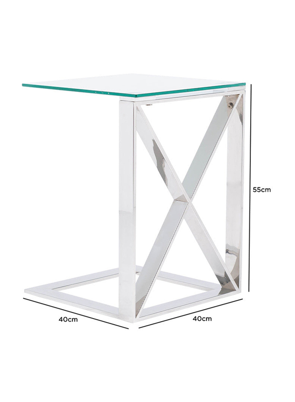 Vanity Living Madrid C Shaped Side Table with X-Shaped Design Metal Frame & Tempered Glass Tabletop for Living Room Furniture, 55cm, Chrome