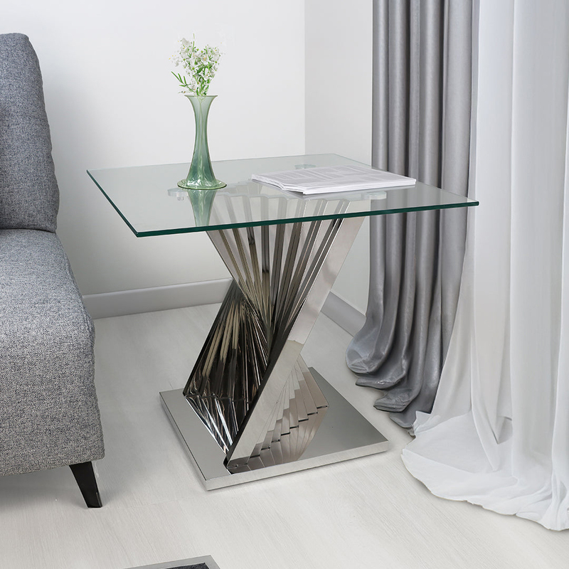 Vanity Living Side Table Tempered Glass Top End Table Sofa Table With Stainless Steel Chrome Base, Clear/Silver