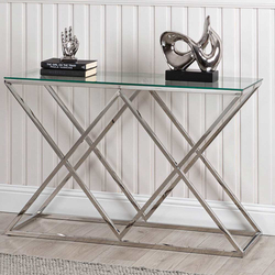 Vanity Living Proto Modern Tempered Glass Top with Sturdy Stainless Steel Frame Console Table, Chrome