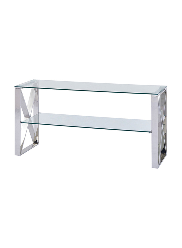 Vanity Living Madrid Stainless Steel Tv Stand with Tempered Glass Shelf Space, Chrome